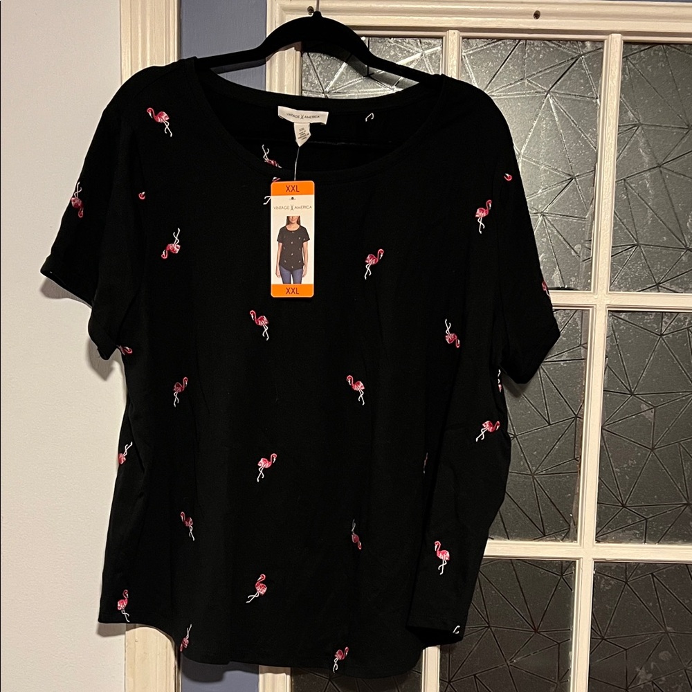 Vintage America Black Short Sleeve Top with Pink Flamingo Embroidery